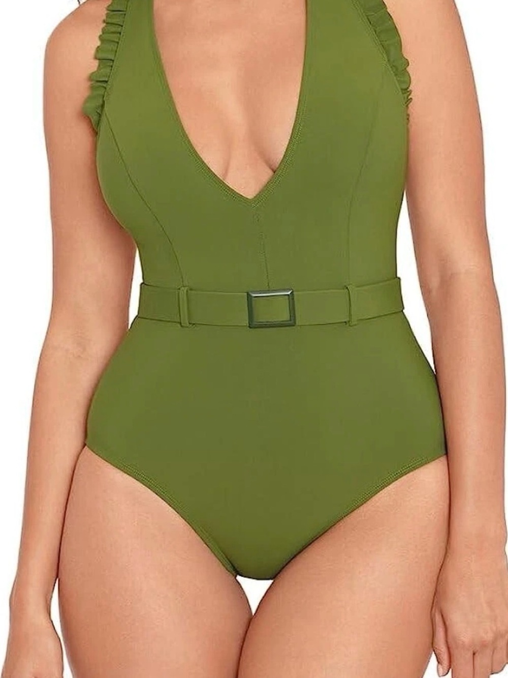 Skinny Dippers Olive green Cinch ruffle one-piece swimsuit. Belt. XL. NWT.
